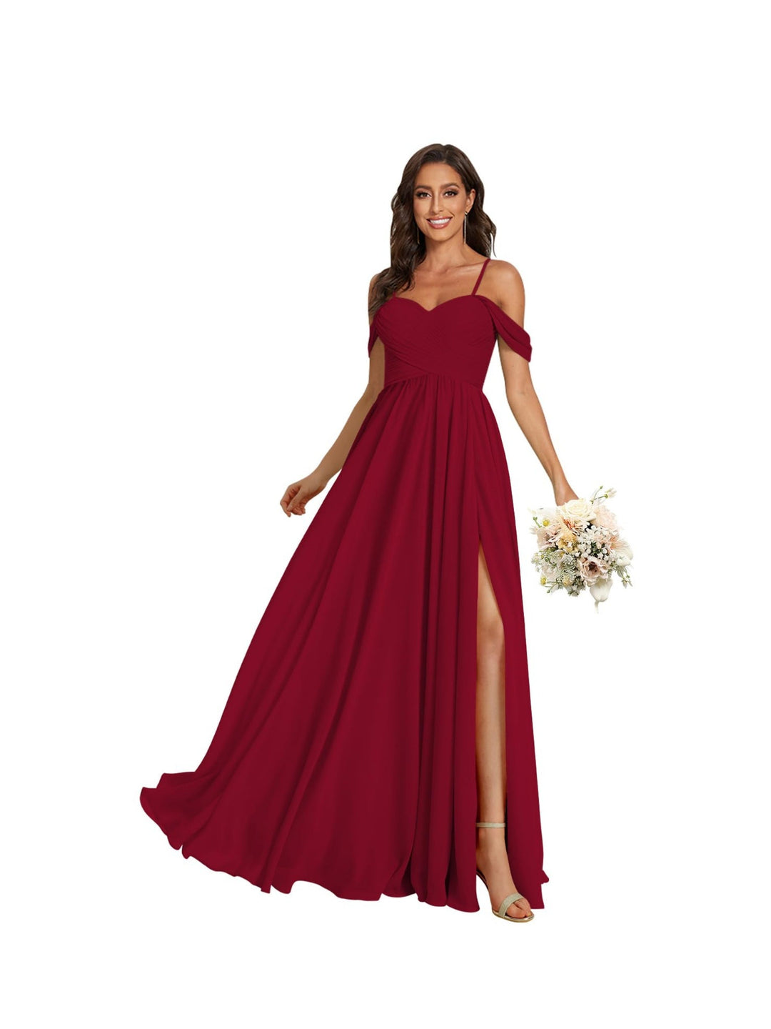 A-Line/Princess Off Shoulder Sweetheart  Sleeveless Floor Length Bridesmaid Dresses Chiffon with Pockets Slit