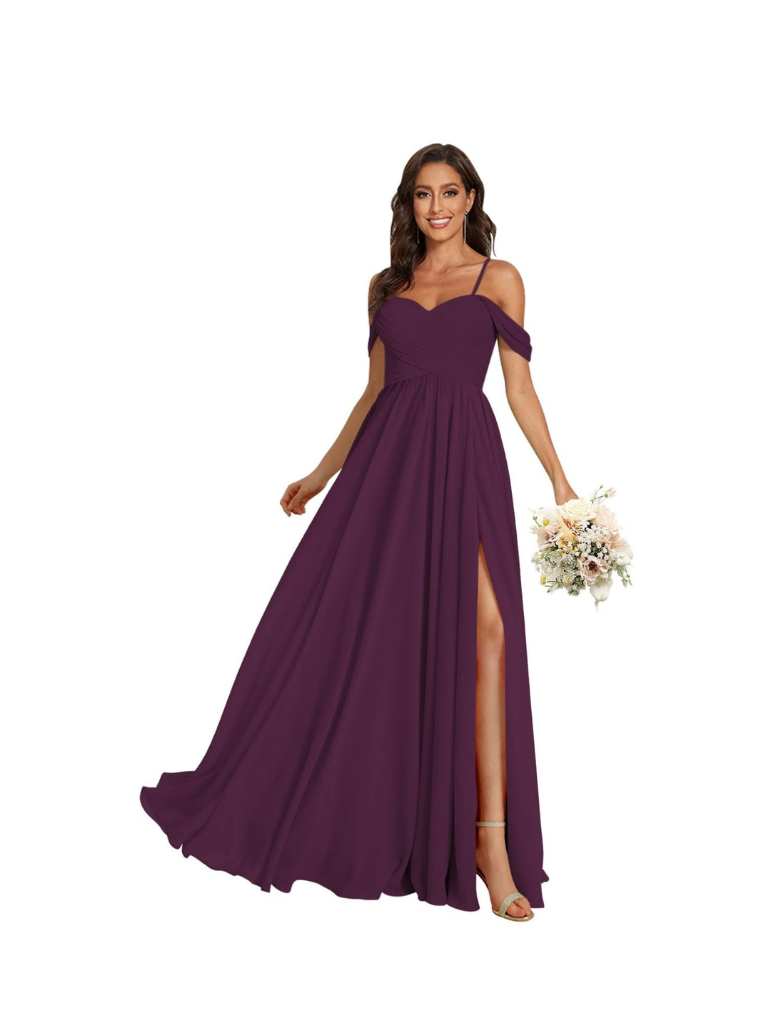 A-Line/Princess Off Shoulder Sweetheart  Sleeveless Floor Length Bridesmaid Dresses Chiffon with Pockets Slit