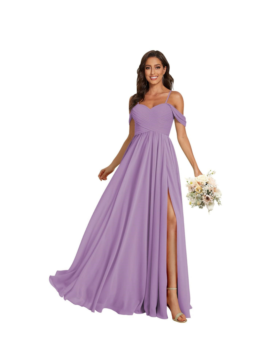 A-Line/Princess Off Shoulder Sweetheart  Sleeveless Floor Length Bridesmaid Dresses Chiffon with Pockets Slit