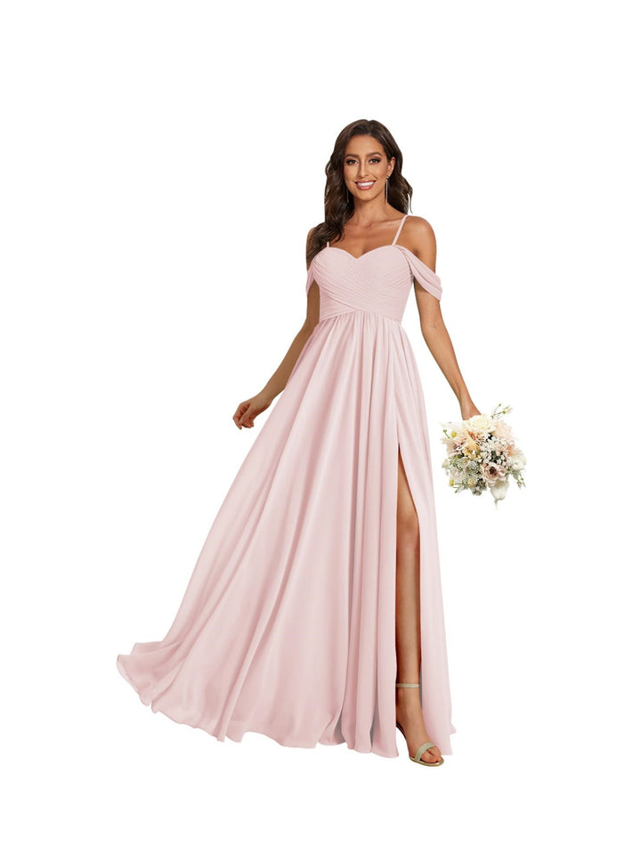 A-Line/Princess Off Shoulder Sweetheart  Sleeveless Floor Length Bridesmaid Dresses Chiffon with Pockets Slit