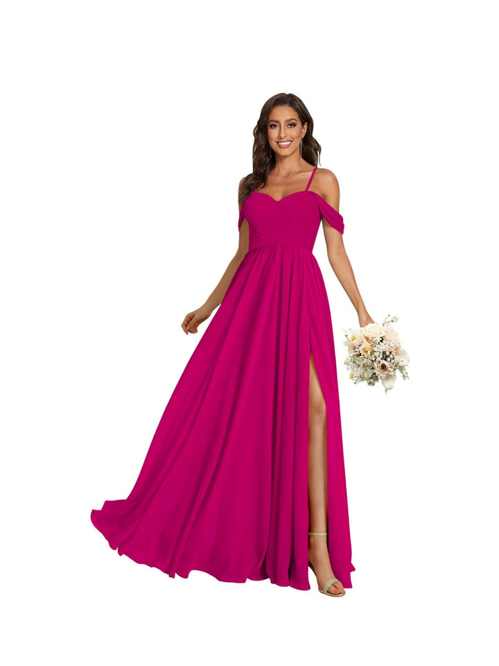 A-Line/Princess Off Shoulder Sweetheart  Sleeveless Floor Length Bridesmaid Dresses Chiffon with Pockets Slit