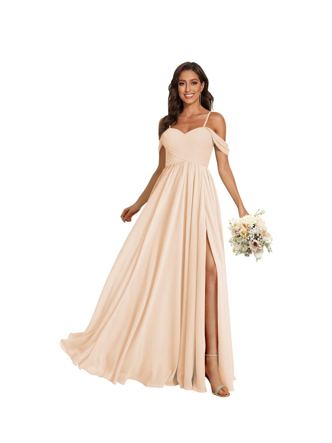 A-Line/Princess Off Shoulder Sweetheart  Sleeveless Floor Length Bridesmaid Dresses Chiffon with Pockets Slit