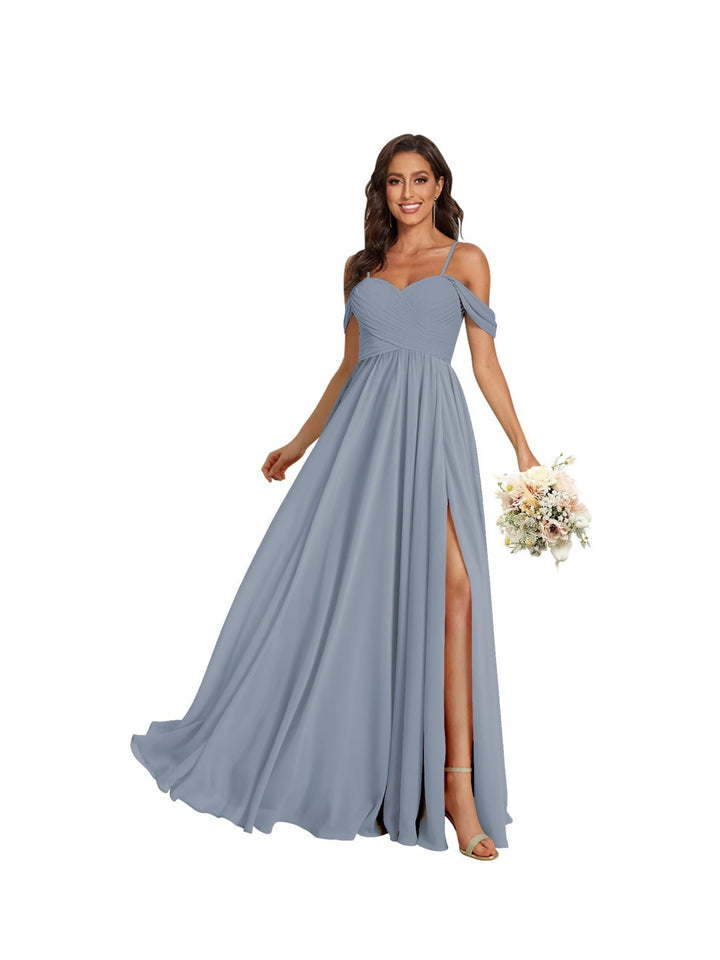 A-Line/Princess Off Shoulder Sweetheart  Sleeveless Floor Length Bridesmaid Dresses Chiffon with Pockets Slit