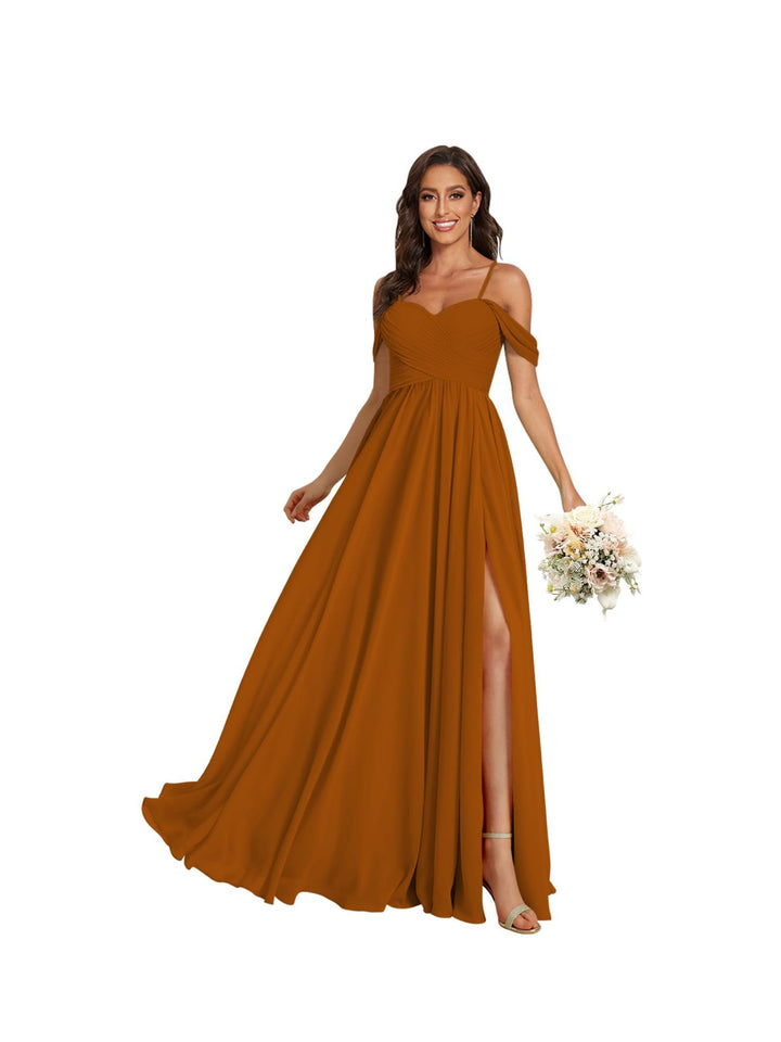 A-Line/Princess Off Shoulder Sweetheart  Sleeveless Floor Length Bridesmaid Dresses Chiffon with Pockets Slit