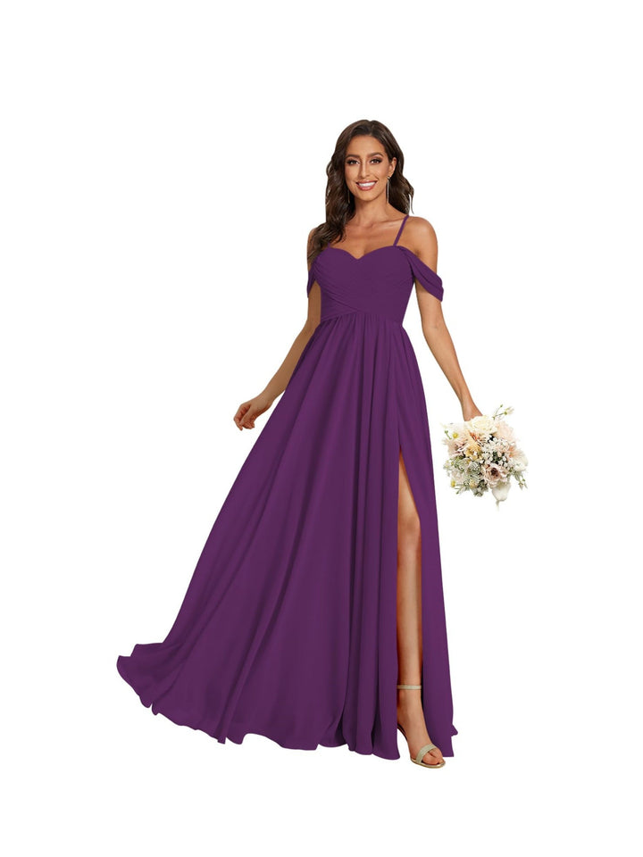 A-Line/Princess Off Shoulder Sweetheart  Sleeveless Floor Length Bridesmaid Dresses Chiffon with Pockets Slit