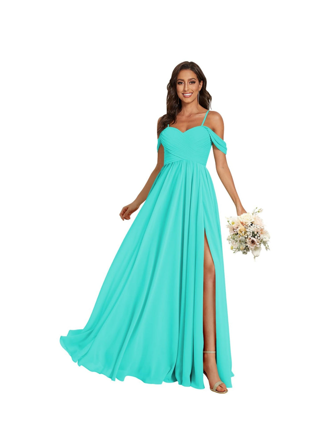 A-Line/Princess Off Shoulder Sweetheart  Sleeveless Floor Length Bridesmaid Dresses Chiffon with Pockets Slit