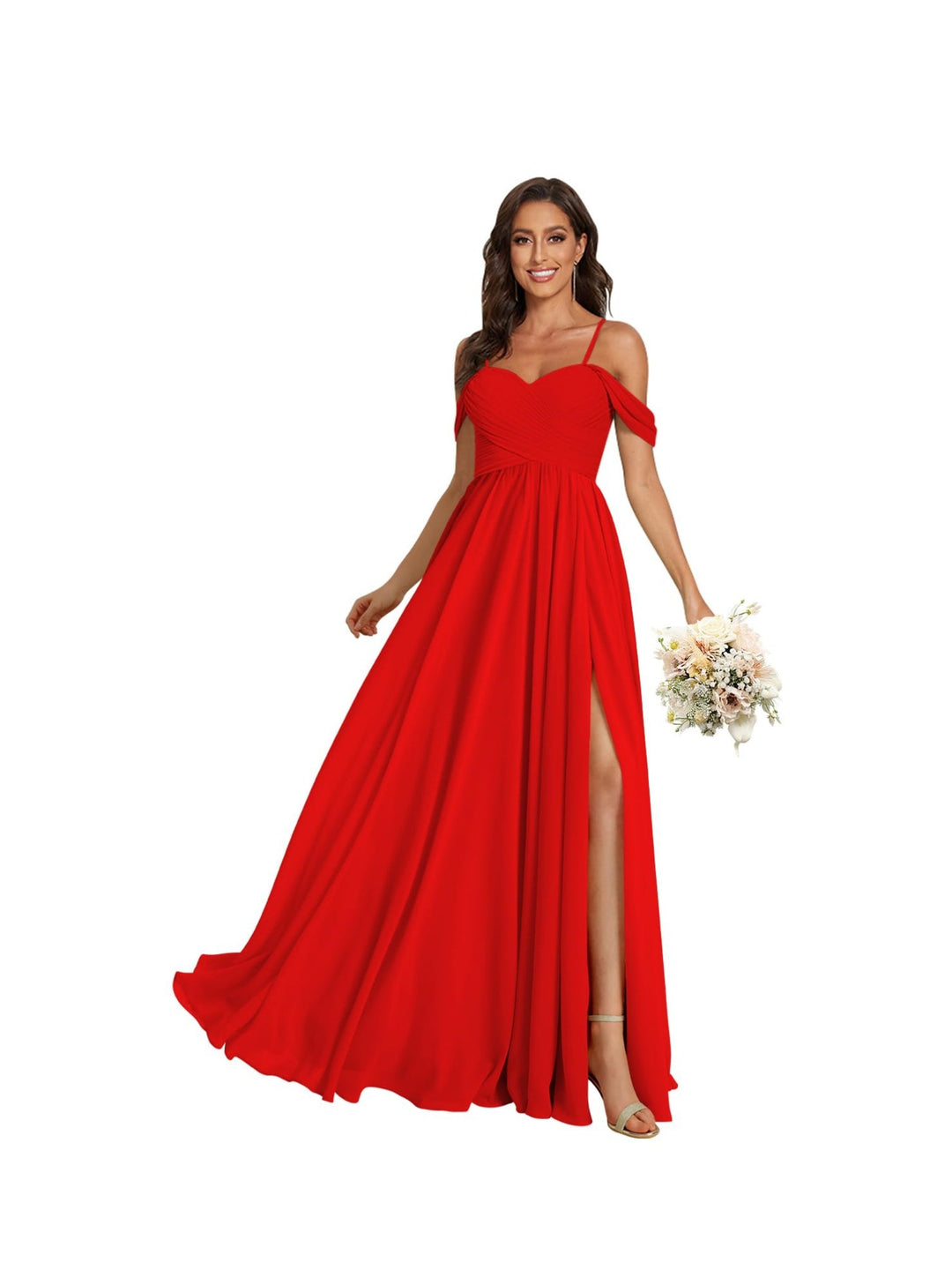 A-Line/Princess Off Shoulder Sweetheart  Sleeveless Floor Length Bridesmaid Dresses Chiffon with Pockets Slit