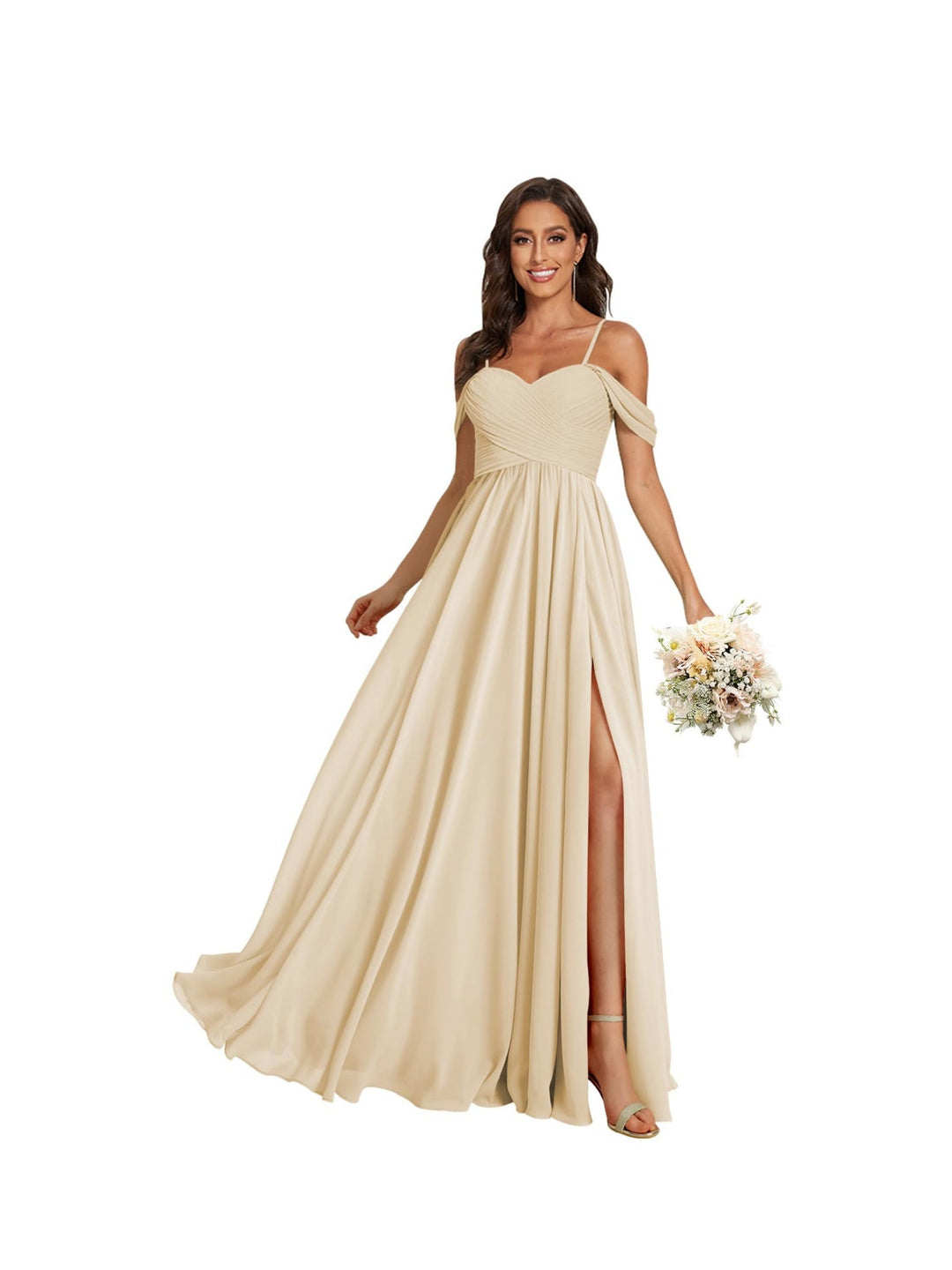 A-Line/Princess Off Shoulder Sweetheart  Sleeveless Floor Length Bridesmaid Dresses Chiffon with Pockets Slit