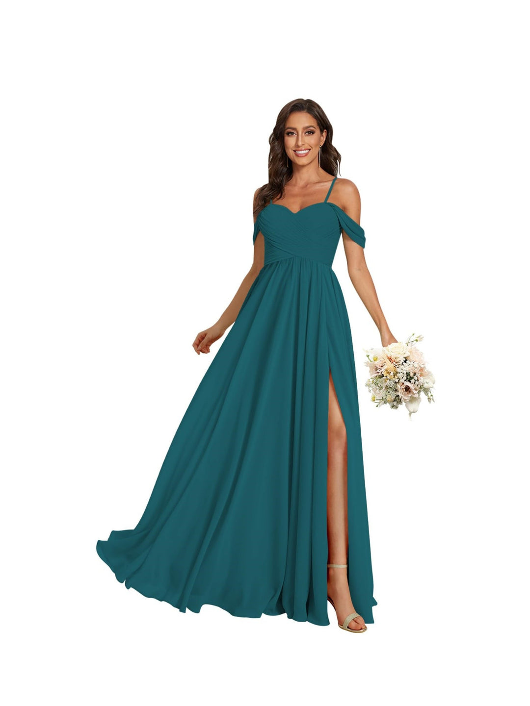 A-Line/Princess Off Shoulder Sweetheart  Sleeveless Floor Length Bridesmaid Dresses Chiffon with Pockets Slit