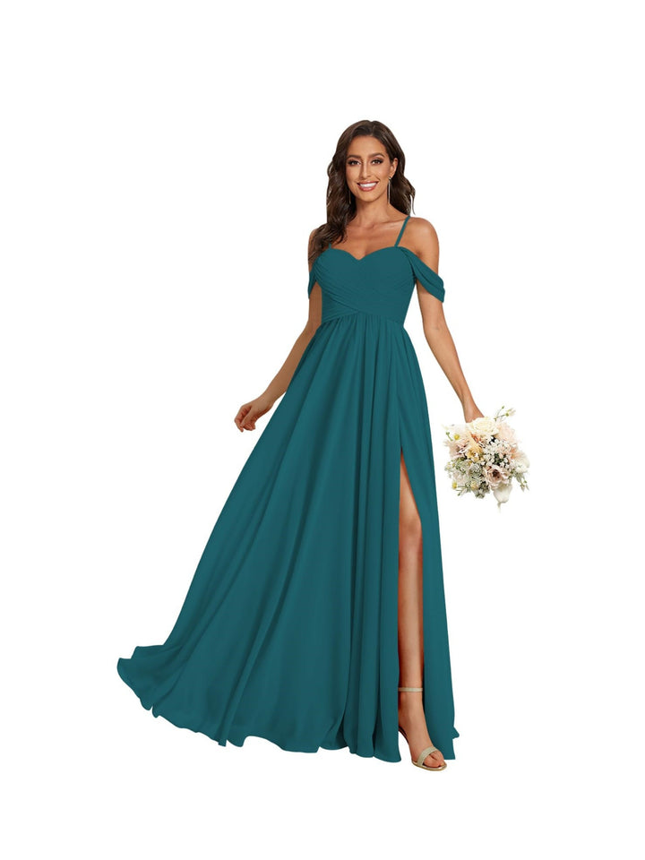 A-Line/Princess Off Shoulder Sweetheart  Sleeveless Floor Length Bridesmaid Dresses Chiffon with Pockets Slit