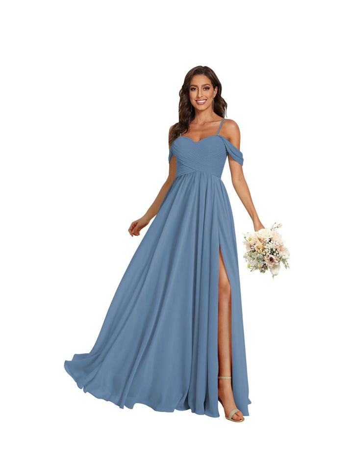 A-Line/Princess Off Shoulder Sweetheart  Sleeveless Floor Length Bridesmaid Dresses Chiffon with Pockets Slit