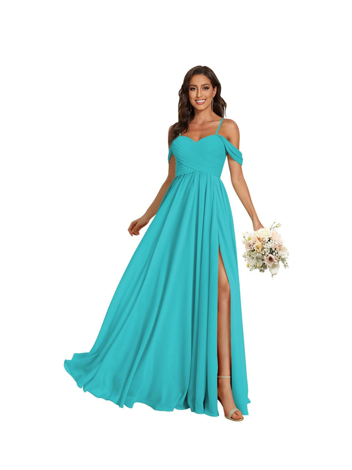 A-Line/Princess Off Shoulder Sweetheart  Sleeveless Floor Length Bridesmaid Dresses Chiffon with Pockets Slit