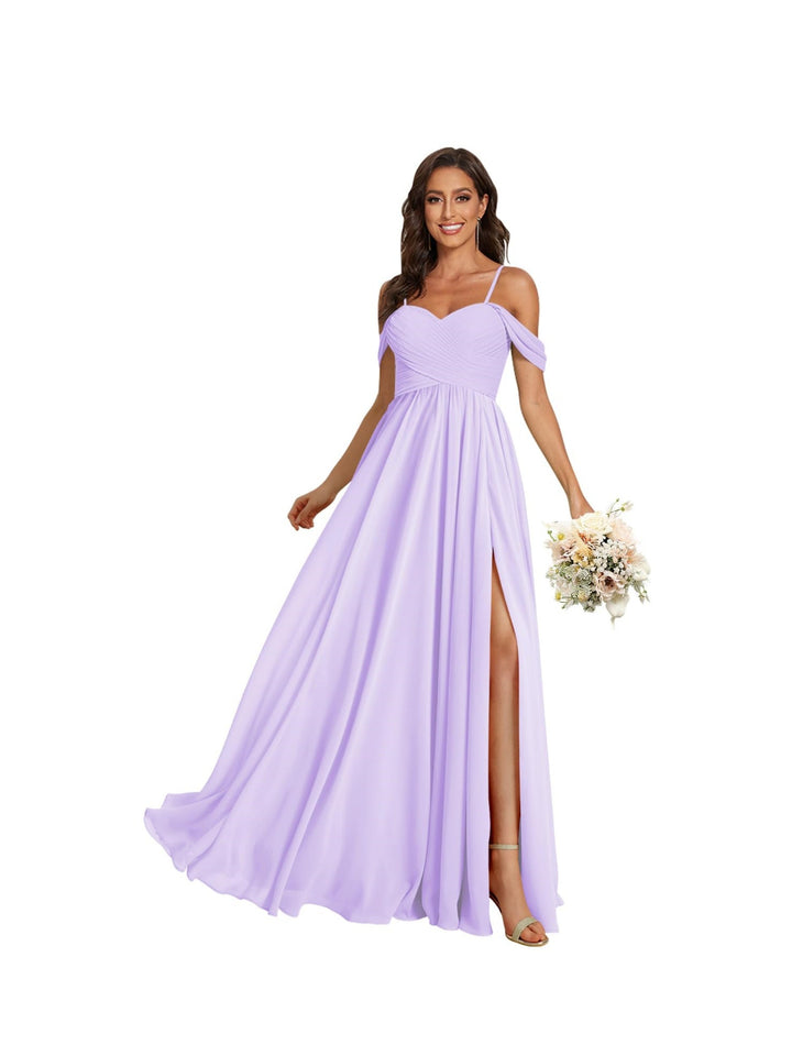A-Line/Princess Off Shoulder Sweetheart  Sleeveless Floor Length Bridesmaid Dresses Chiffon with Pockets Slit