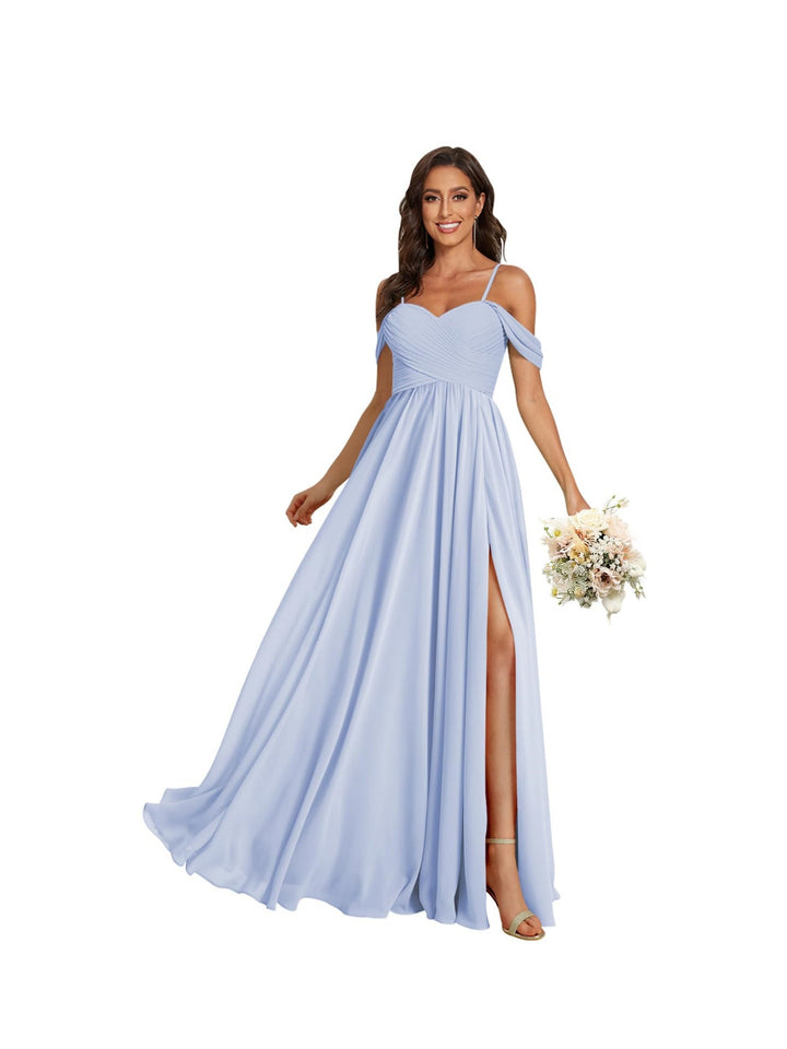 A-Line/Princess Off Shoulder Sweetheart  Sleeveless Floor Length Bridesmaid Dresses Chiffon with Pockets Slit