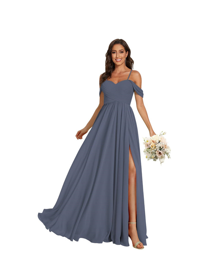 A-Line/Princess Off Shoulder Sweetheart  Sleeveless Floor Length Bridesmaid Dresses Chiffon with Pockets Slit