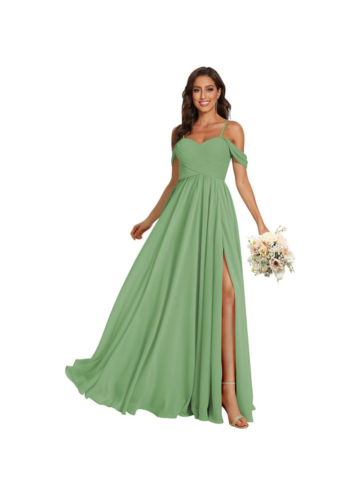 A-Line/Princess Off Shoulder Sweetheart  Sleeveless Floor Length Bridesmaid Dresses Chiffon with Pockets Slit