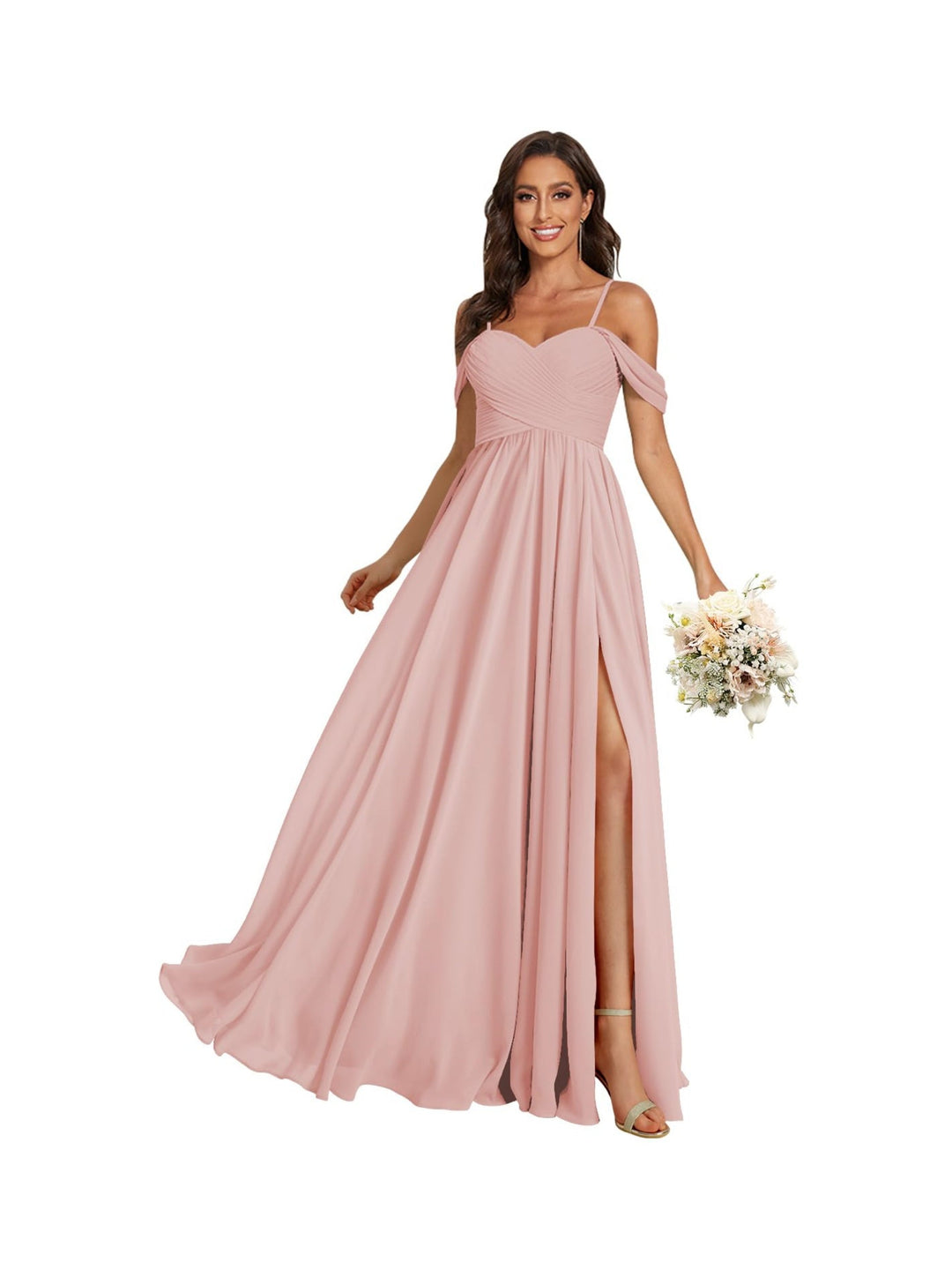 A-Line/Princess Off Shoulder Sweetheart  Sleeveless Floor Length Bridesmaid Dresses Chiffon with Pockets Slit