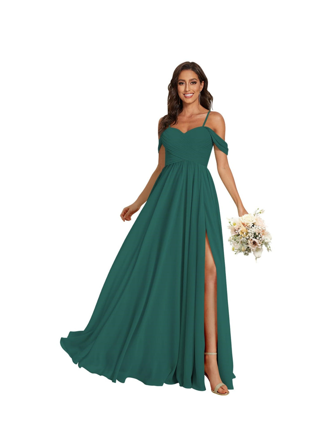 A-Line/Princess Off Shoulder Sweetheart  Sleeveless Floor Length Bridesmaid Dresses Chiffon with Pockets Slit