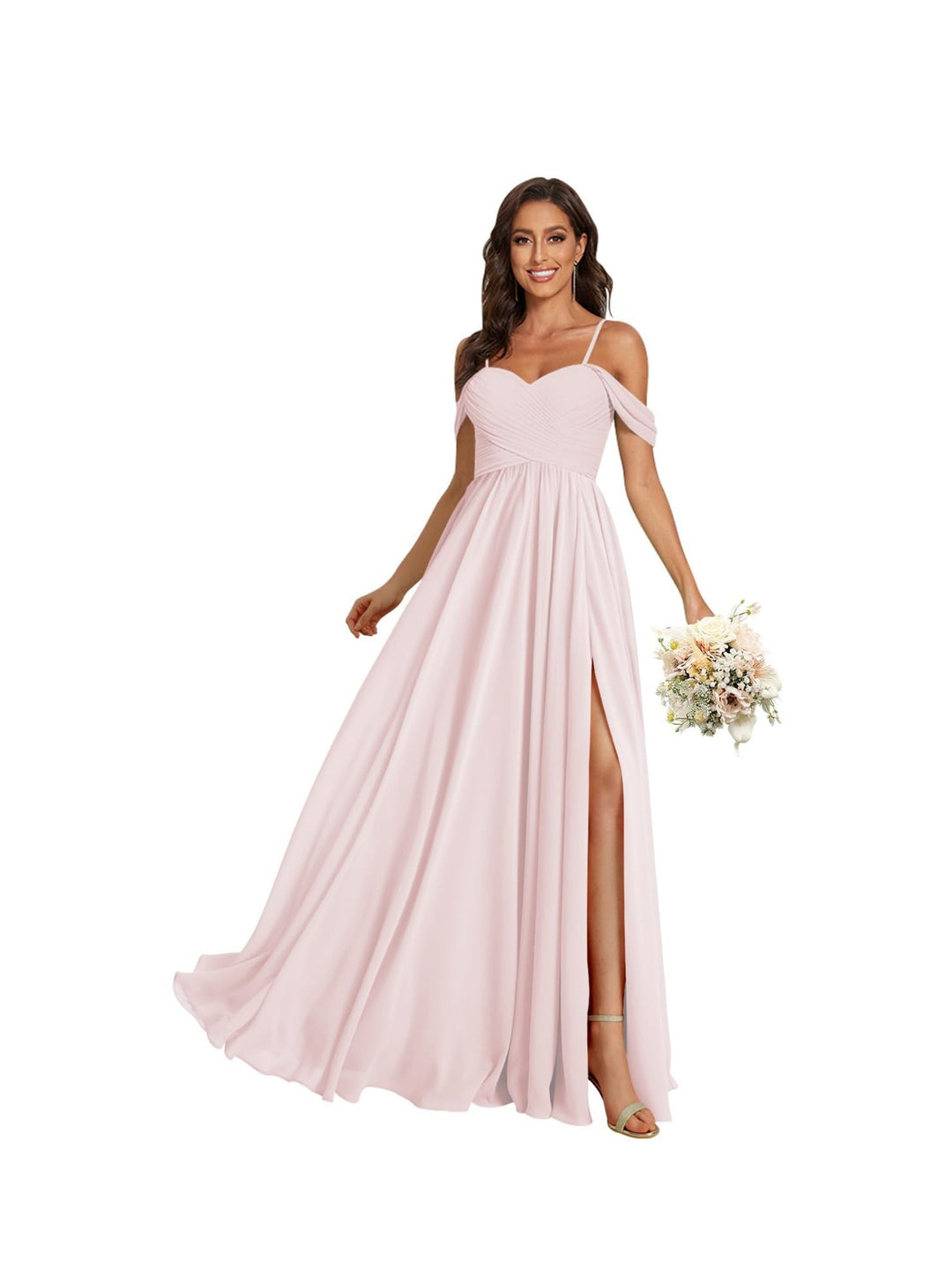 A-Line/Princess Off Shoulder Sweetheart  Sleeveless Floor Length Bridesmaid Dresses Chiffon with Pockets Slit