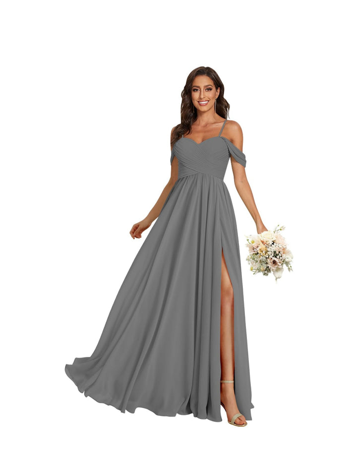 A-Line/Princess Off Shoulder Sweetheart  Sleeveless Floor Length Bridesmaid Dresses Chiffon with Pockets Slit