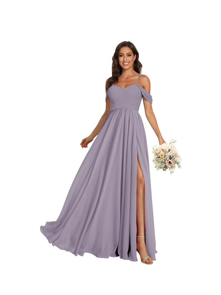 A-Line/Princess Off Shoulder Sweetheart  Sleeveless Floor Length Bridesmaid Dresses Chiffon with Pockets Slit