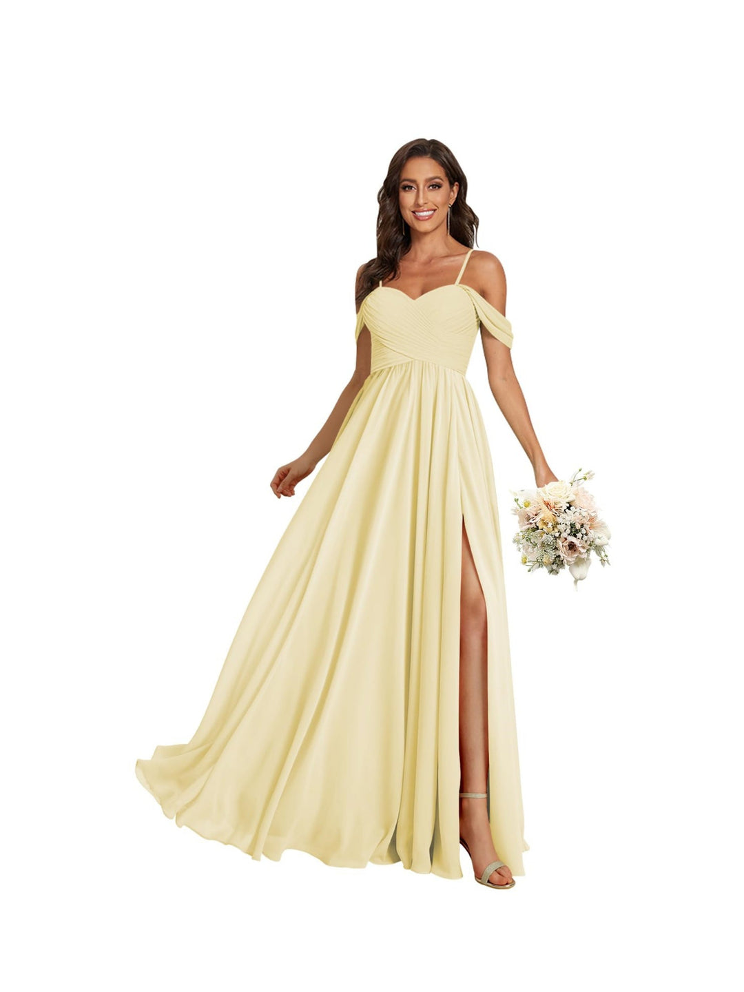 A-Line/Princess Off Shoulder Sweetheart  Sleeveless Floor Length Bridesmaid Dresses Chiffon with Pockets Slit