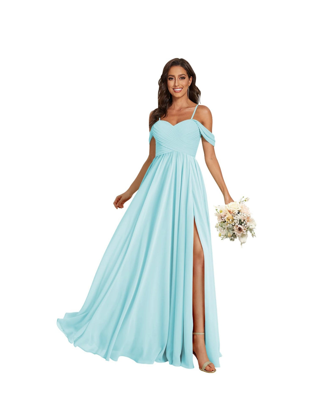 A-Line/Princess Off Shoulder Sweetheart  Sleeveless Floor Length Bridesmaid Dresses Chiffon with Pockets Slit