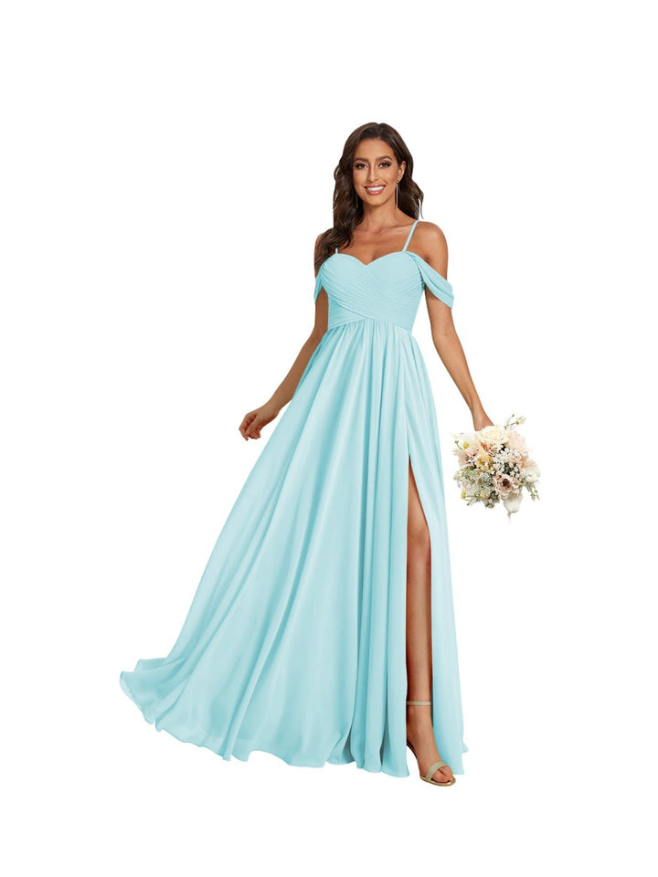 A-Line/Princess Off Shoulder Sweetheart  Sleeveless Floor Length Bridesmaid Dresses Chiffon with Pockets Slit