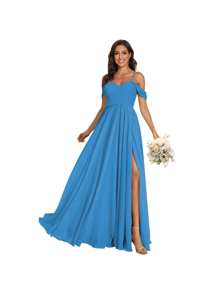 A-Line/Princess Off Shoulder Sweetheart  Sleeveless Floor Length Bridesmaid Dresses Chiffon with Pockets Slit