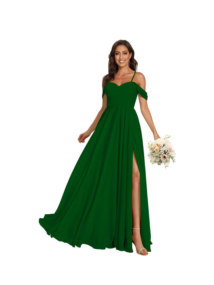 A-Line/Princess Off Shoulder Sweetheart  Sleeveless Floor Length Bridesmaid Dresses Chiffon with Pockets Slit