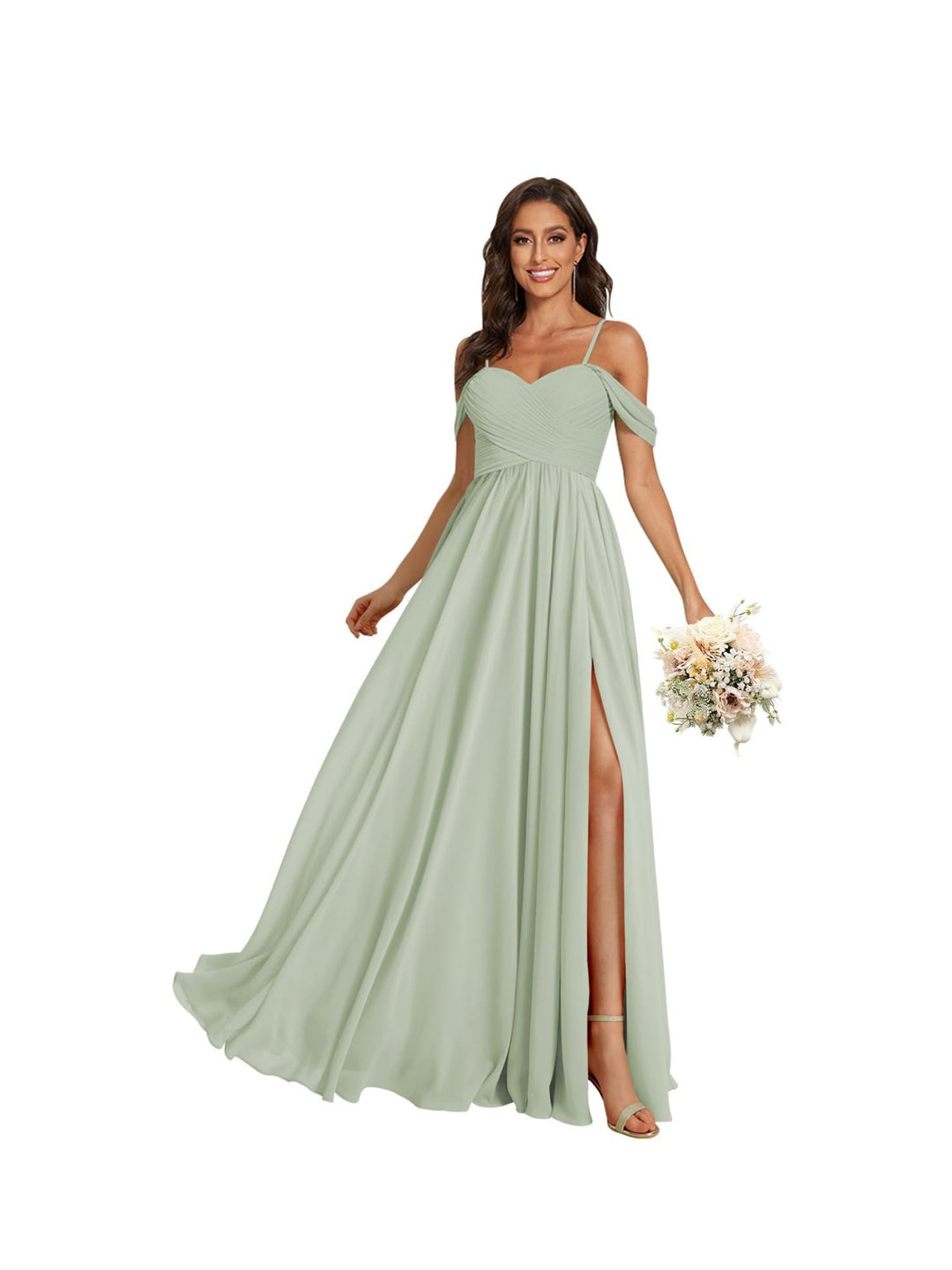 A-Line/Princess Off Shoulder Sweetheart  Sleeveless Floor Length Bridesmaid Dresses Chiffon with Pockets Slit