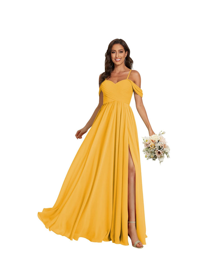 A-Line/Princess Off Shoulder Sweetheart  Sleeveless Floor Length Bridesmaid Dresses Chiffon with Pockets Slit
