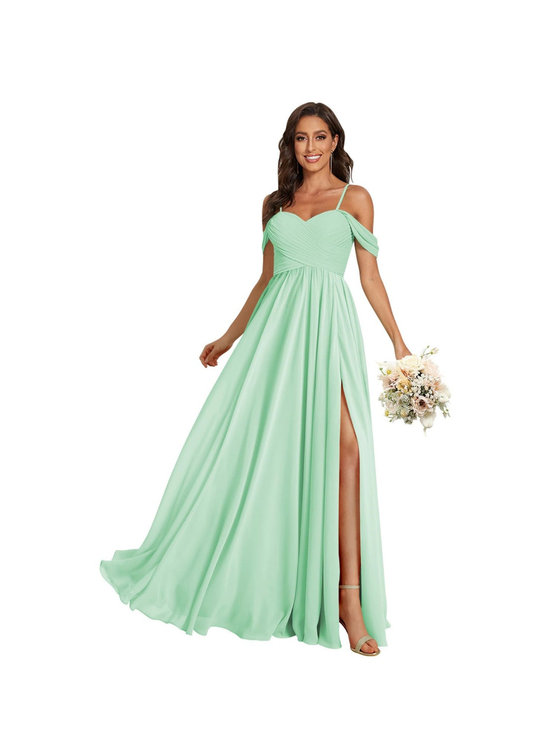 A-Line/Princess Off Shoulder Sweetheart  Sleeveless Floor Length Bridesmaid Dresses Chiffon with Pockets Slit