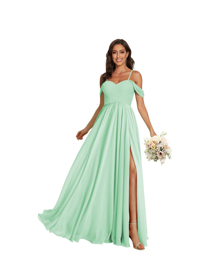 A-Line/Princess Off Shoulder Sweetheart  Sleeveless Floor Length Bridesmaid Dresses Chiffon with Pockets Slit
