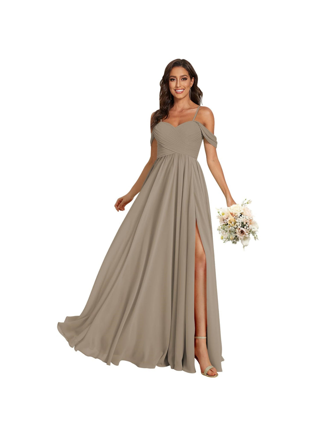 A-Line/Princess Off Shoulder Sweetheart  Sleeveless Floor Length Bridesmaid Dresses Chiffon with Pockets Slit