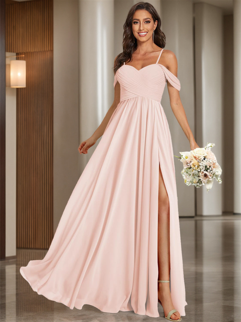 A-Line/Princess Off Shoulder Sweetheart  Sleeveless Floor Length Bridesmaid Dresses Chiffon with Pockets Slit