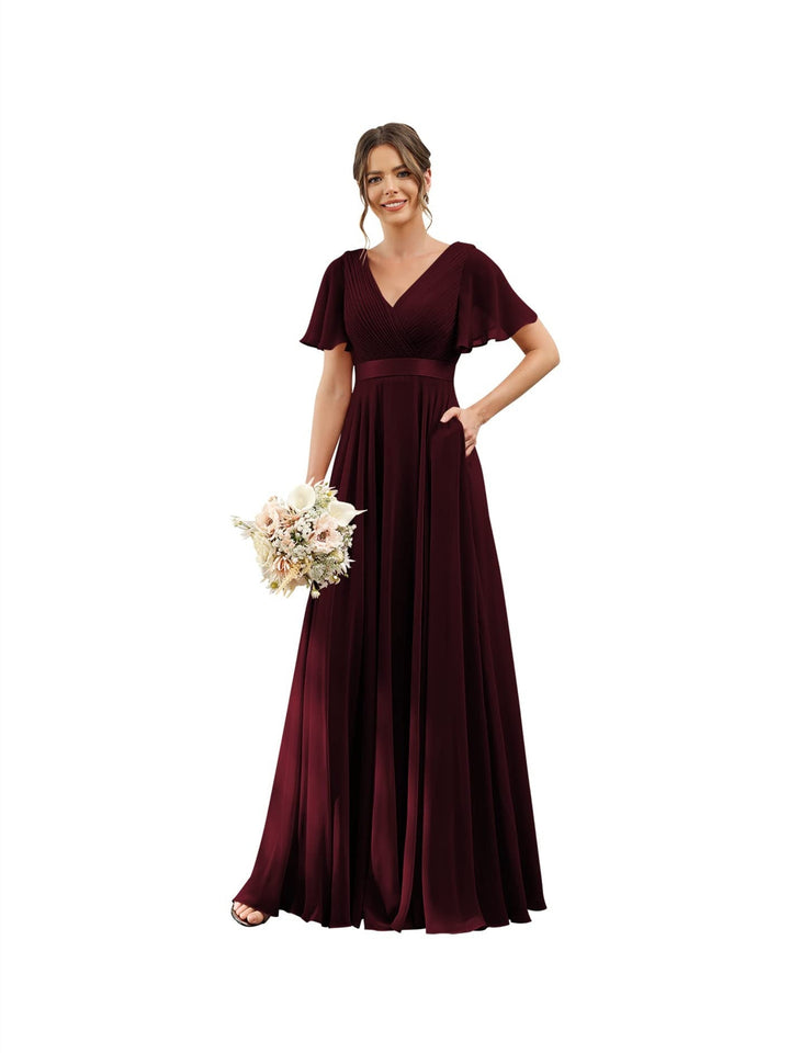 A-Line/Princess  V Neck Flutter Sleeves  Floor Length Bridesmaid Dresses  Chiffon  with Pockets Ruched
