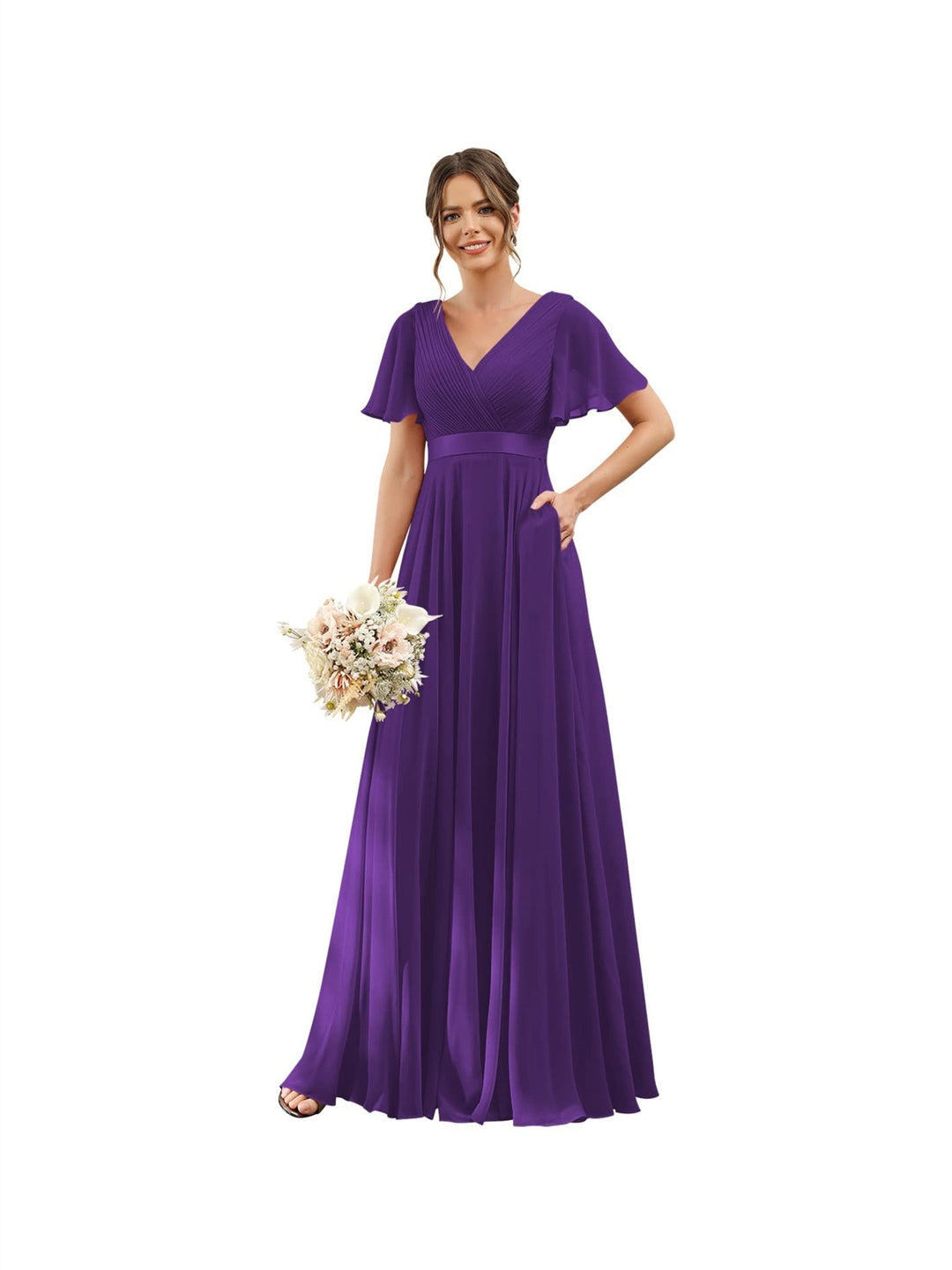 A-Line/Princess  V Neck Flutter Sleeves  Floor Length Bridesmaid Dresses  Chiffon  with Pockets Ruched
