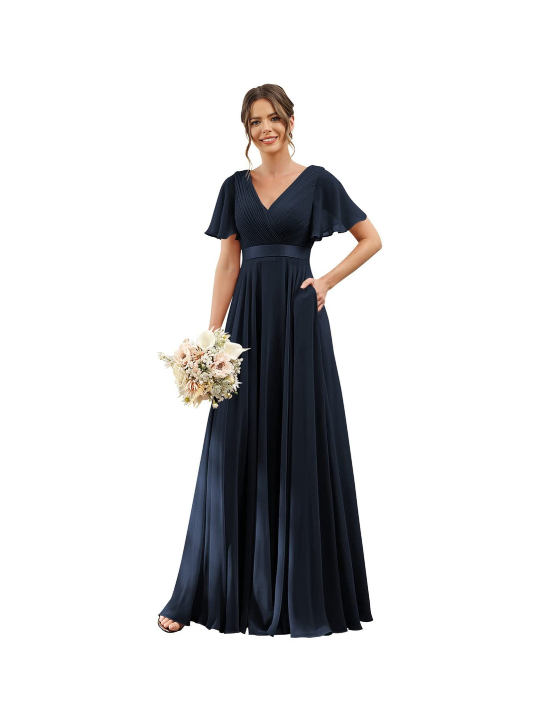 A-Line/Princess  V Neck Flutter Sleeves  Floor Length Bridesmaid Dresses  Chiffon  with Pockets Ruched