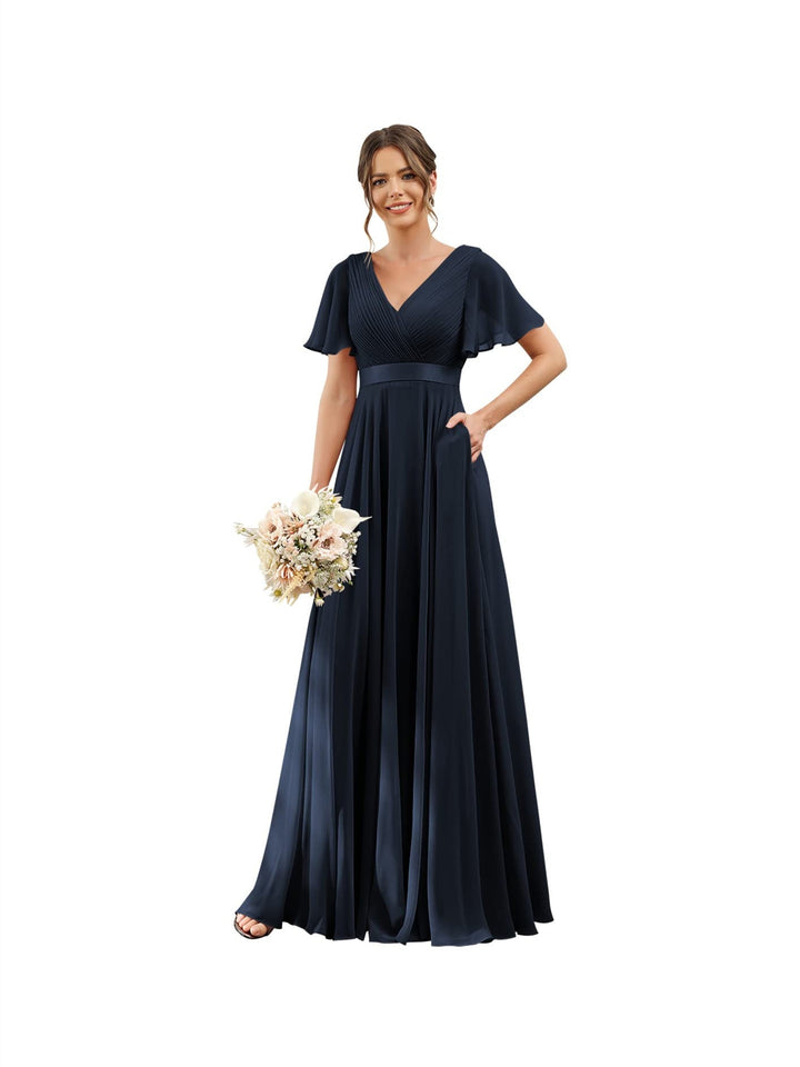 A-Line/Princess  V Neck Flutter Sleeves  Floor Length Bridesmaid Dresses  Chiffon  with Pockets Ruched