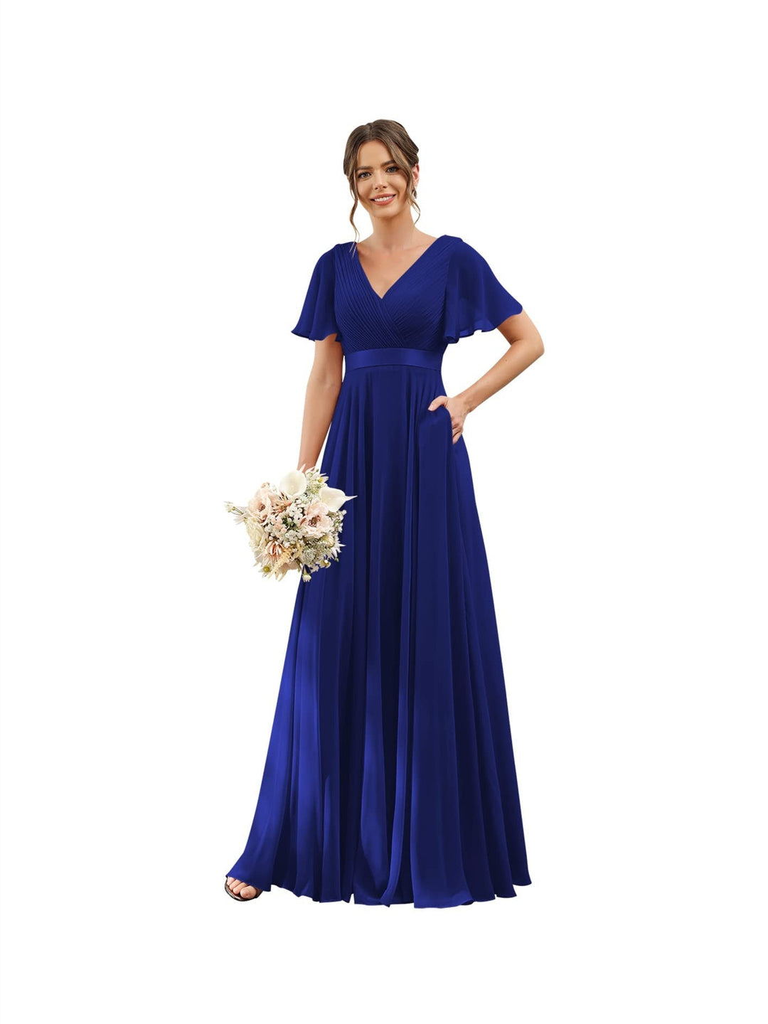A-Line/Princess  V Neck Flutter Sleeves  Floor Length Bridesmaid Dresses  Chiffon  with Pockets Ruched
