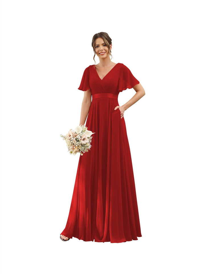 A-Line/Princess  V Neck Flutter Sleeves  Floor Length Bridesmaid Dresses  Chiffon  with Pockets Ruched