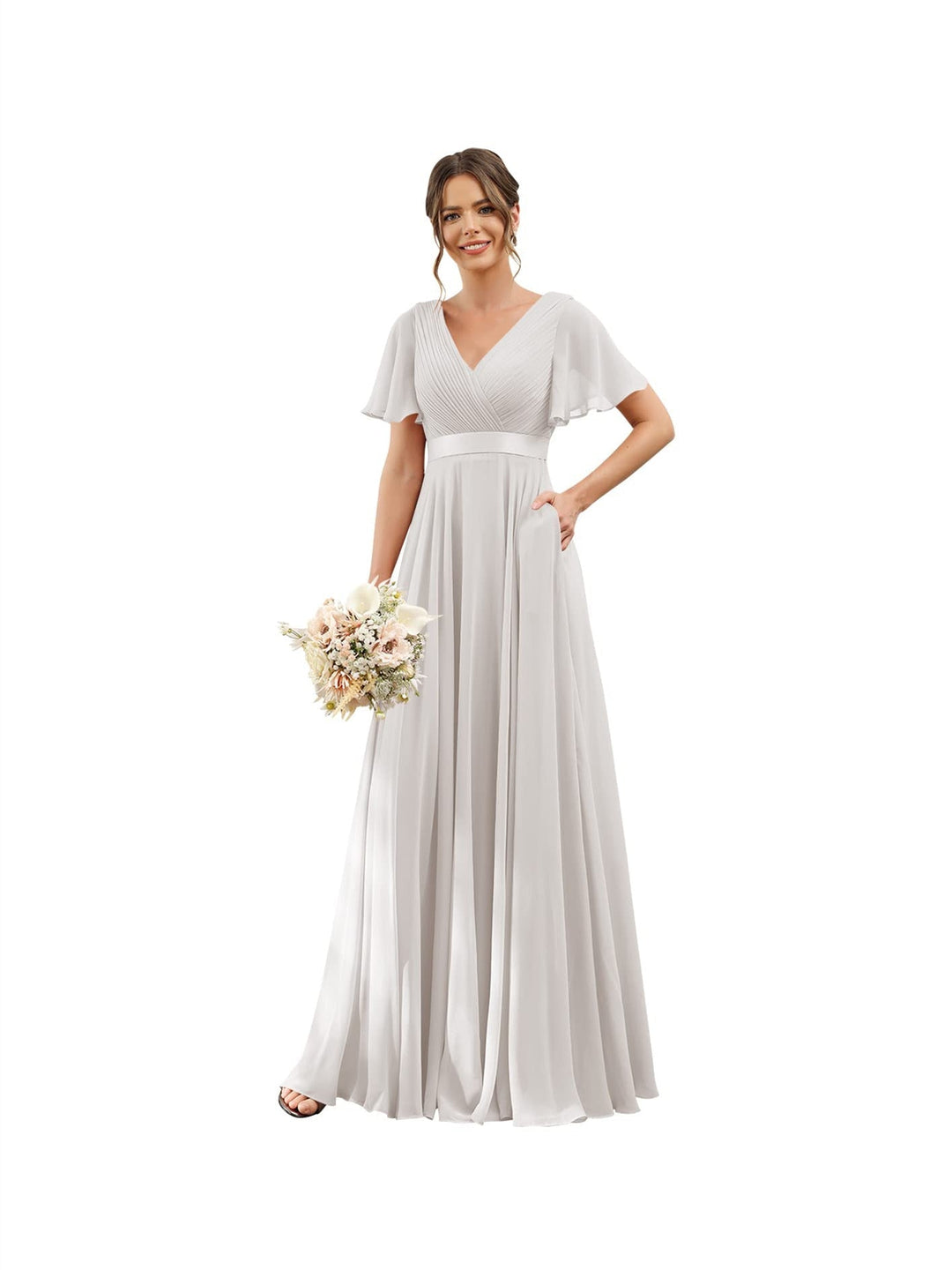 A-Line/Princess  V Neck Flutter Sleeves  Floor Length Bridesmaid Dresses  Chiffon  with Pockets Ruched