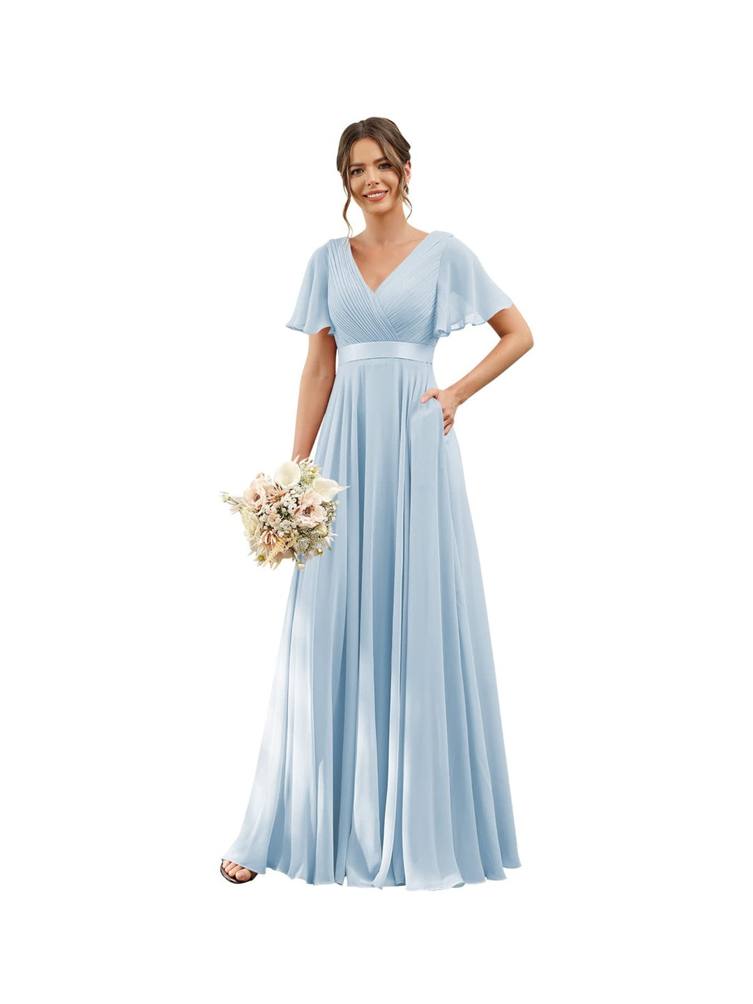 A-Line/Princess  V Neck Flutter Sleeves  Floor Length Bridesmaid Dresses  Chiffon  with Pockets Ruched