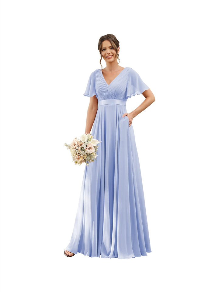A-Line/Princess  V Neck Flutter Sleeves  Floor Length Bridesmaid Dresses  Chiffon  with Pockets Ruched