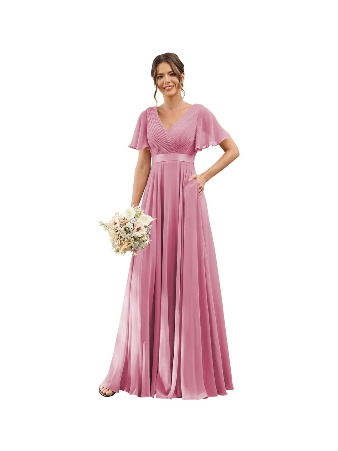 A-Line/Princess  V Neck Flutter Sleeves  Floor Length Bridesmaid Dresses  Chiffon  with Pockets Ruched