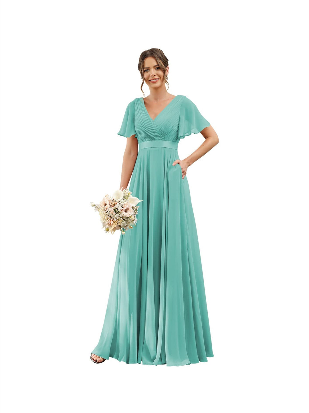 A-Line/Princess  V Neck Flutter Sleeves  Floor Length Bridesmaid Dresses  Chiffon  with Pockets Ruched