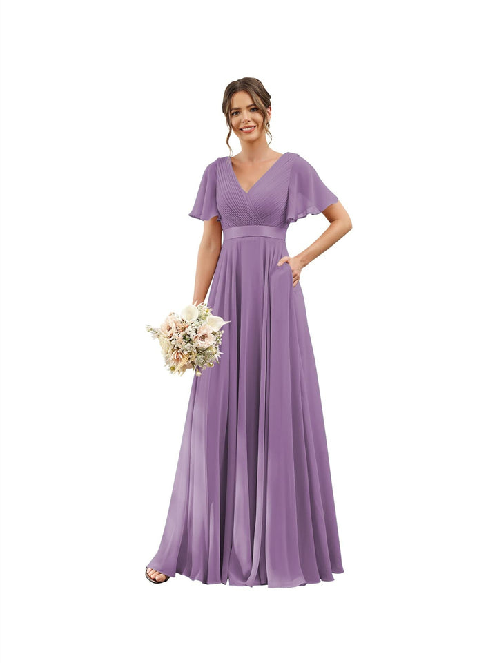 A-Line/Princess  V Neck Flutter Sleeves  Floor Length Bridesmaid Dresses  Chiffon  with Pockets Ruched