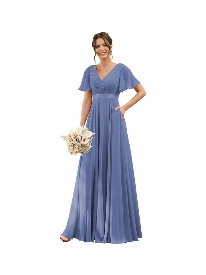 A-Line/Princess  V Neck Flutter Sleeves  Floor Length Bridesmaid Dresses  Chiffon  with Pockets Ruched