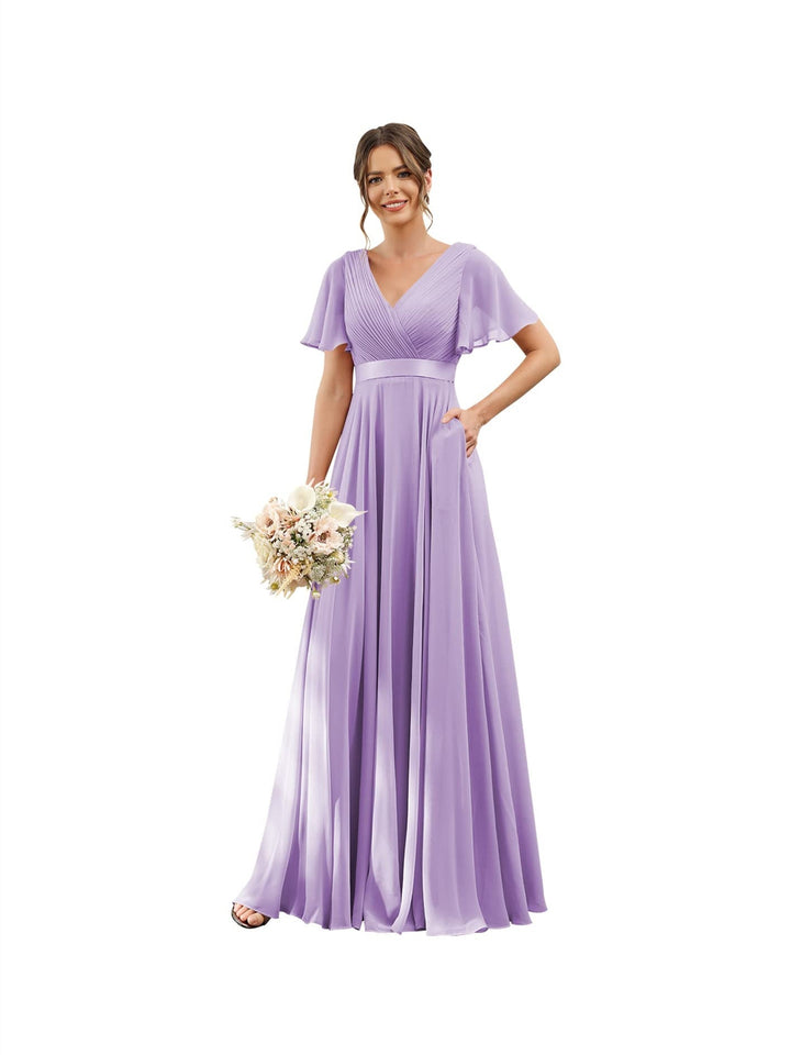 A-Line/Princess  V Neck Flutter Sleeves  Floor Length Bridesmaid Dresses  Chiffon  with Pockets Ruched